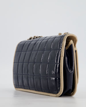 Chanel Chocolate Bar Flap Shoulder Bag in Navy Patent Leather with Silver Hardware