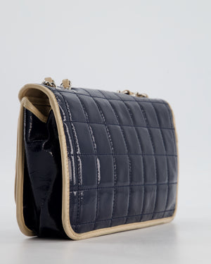 Chanel Chocolate Bar Flap Shoulder Bag in Navy Patent Leather with Silver Hardware