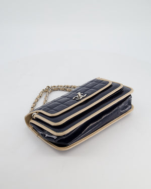 Chanel Chocolate Bar Flap Shoulder Bag in Navy Patent Leather with Silver Hardware