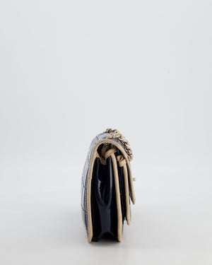 Chanel Chocolate Bar Flap Shoulder Bag in Navy Patent Leather with Silver Hardware