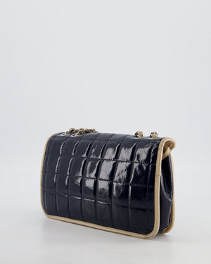 Chanel Chocolate Bar Flap Shoulder Bag in Navy Patent Leather with Silver Hardware