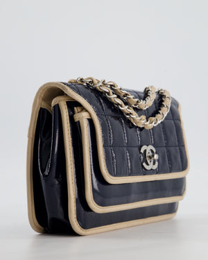 Chanel Chocolate Bar Flap Shoulder Bag in Navy Patent Leather with Silver Hardware