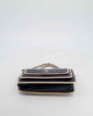 Chanel Chocolate Bar Flap Shoulder Bag in Navy Patent Leather with Silver Hardware