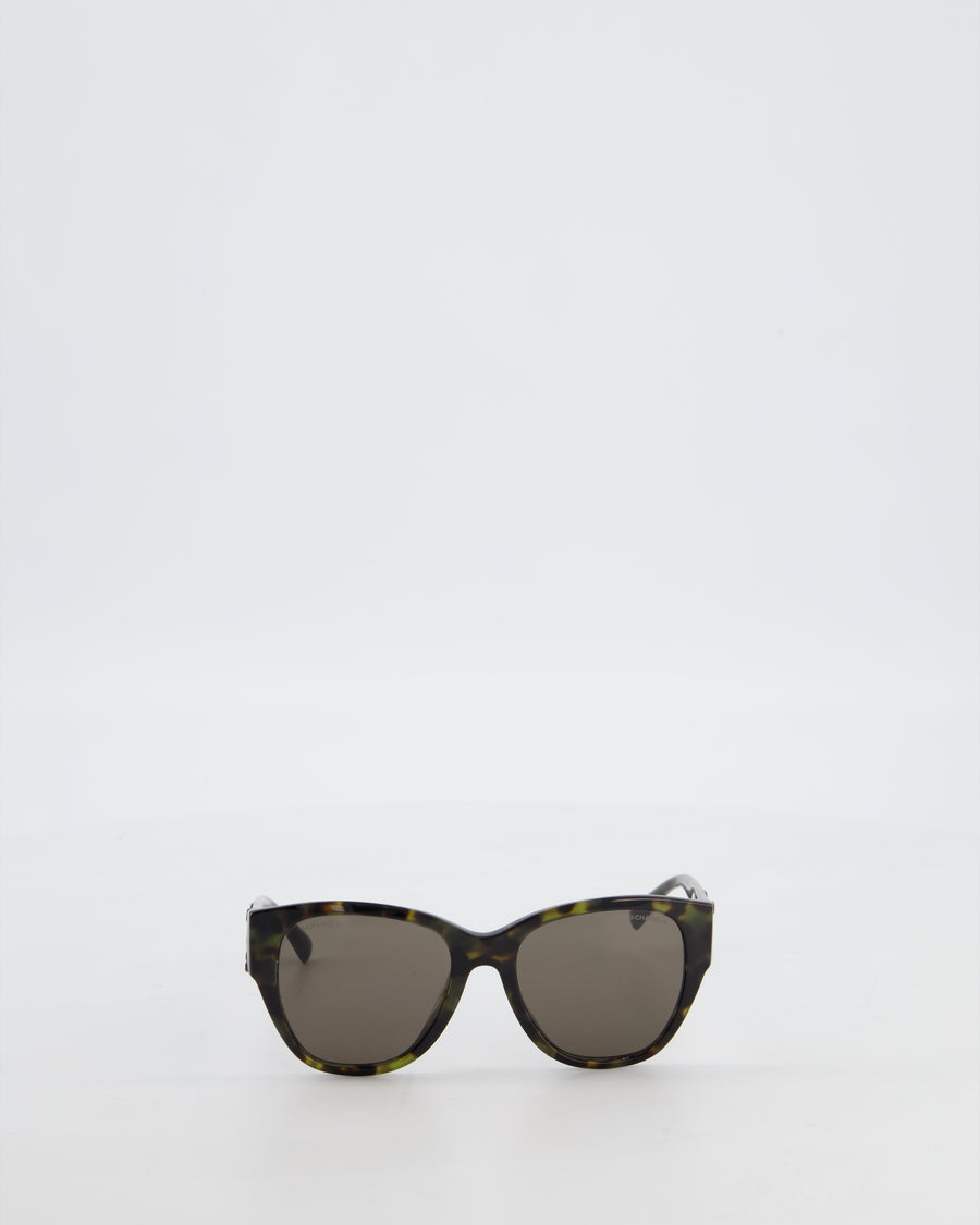 Chanel Dark Green and Brown Marble Butterfly Sunglasses with CC Logo Detail and Silver Hardware