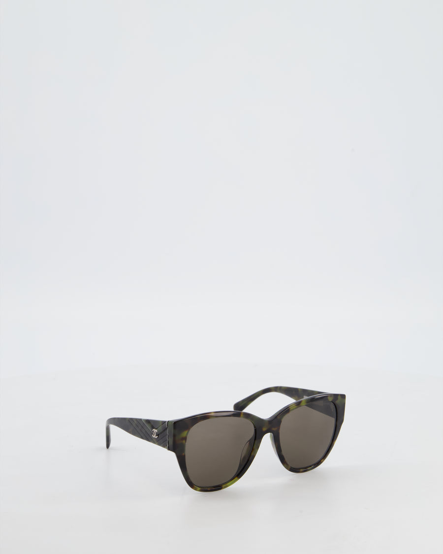 Chanel Dark Green and Brown Marble Butterfly Sunglasses with CC Logo Detail and Silver Hardware