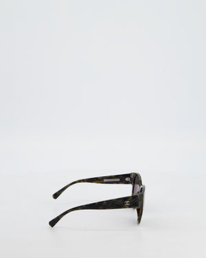 Chanel Dark Green and Brown Marble Butterfly Sunglasses with CC Logo Detail and Silver Hardware