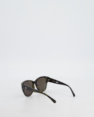 Chanel Dark Green and Brown Marble Butterfly Sunglasses with CC Logo Detail and Silver Hardware