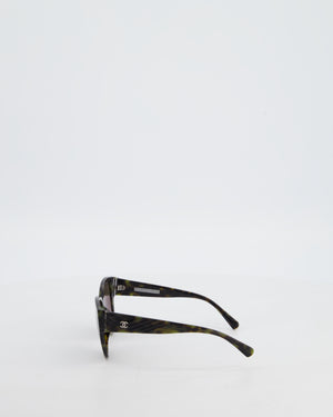 Chanel Dark Green and Brown Marble Butterfly Sunglasses with CC Logo Detail and Silver Hardware