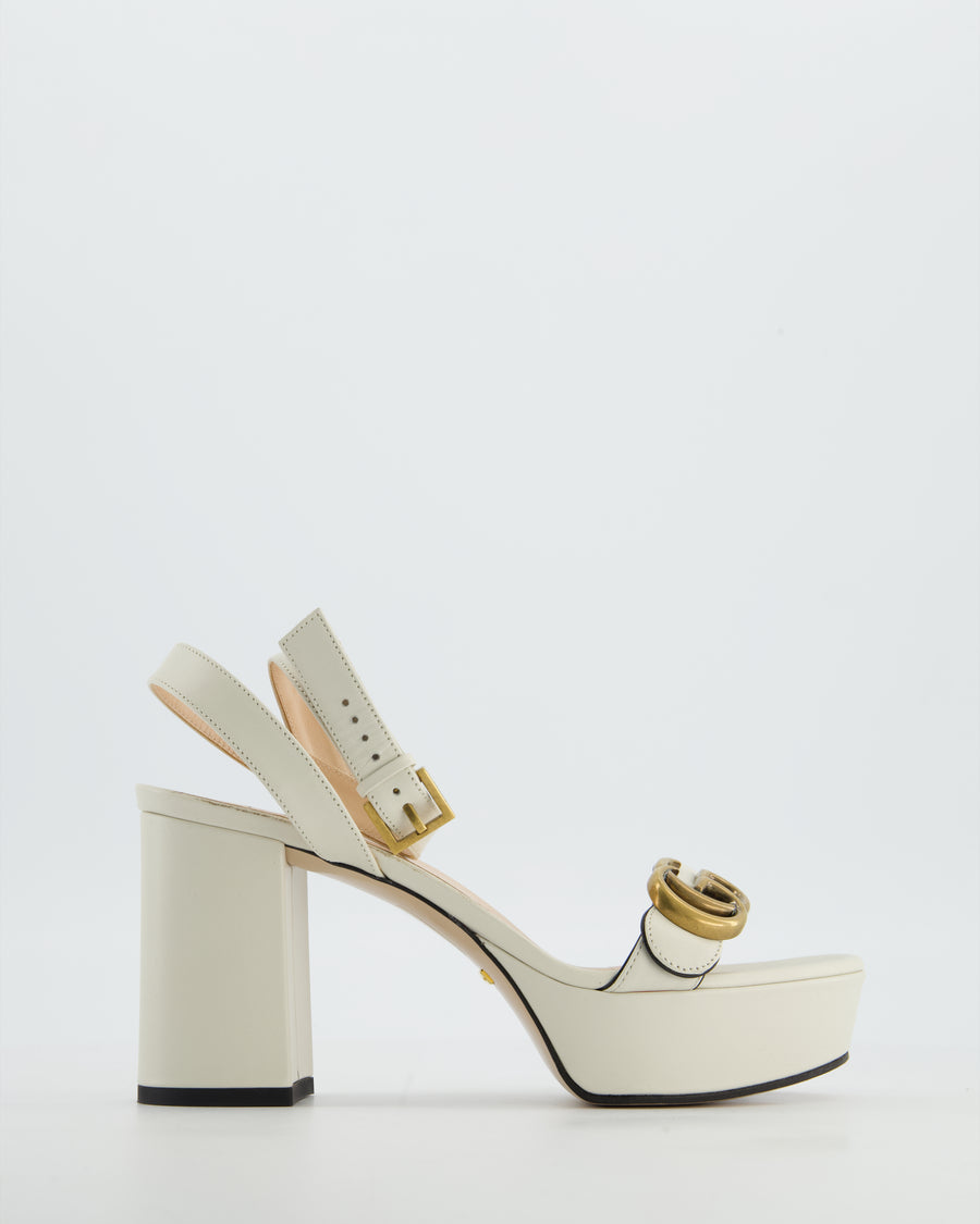 Gucci White Leather Platform Heels with GG Detail in Gold Hardware Size EU 36