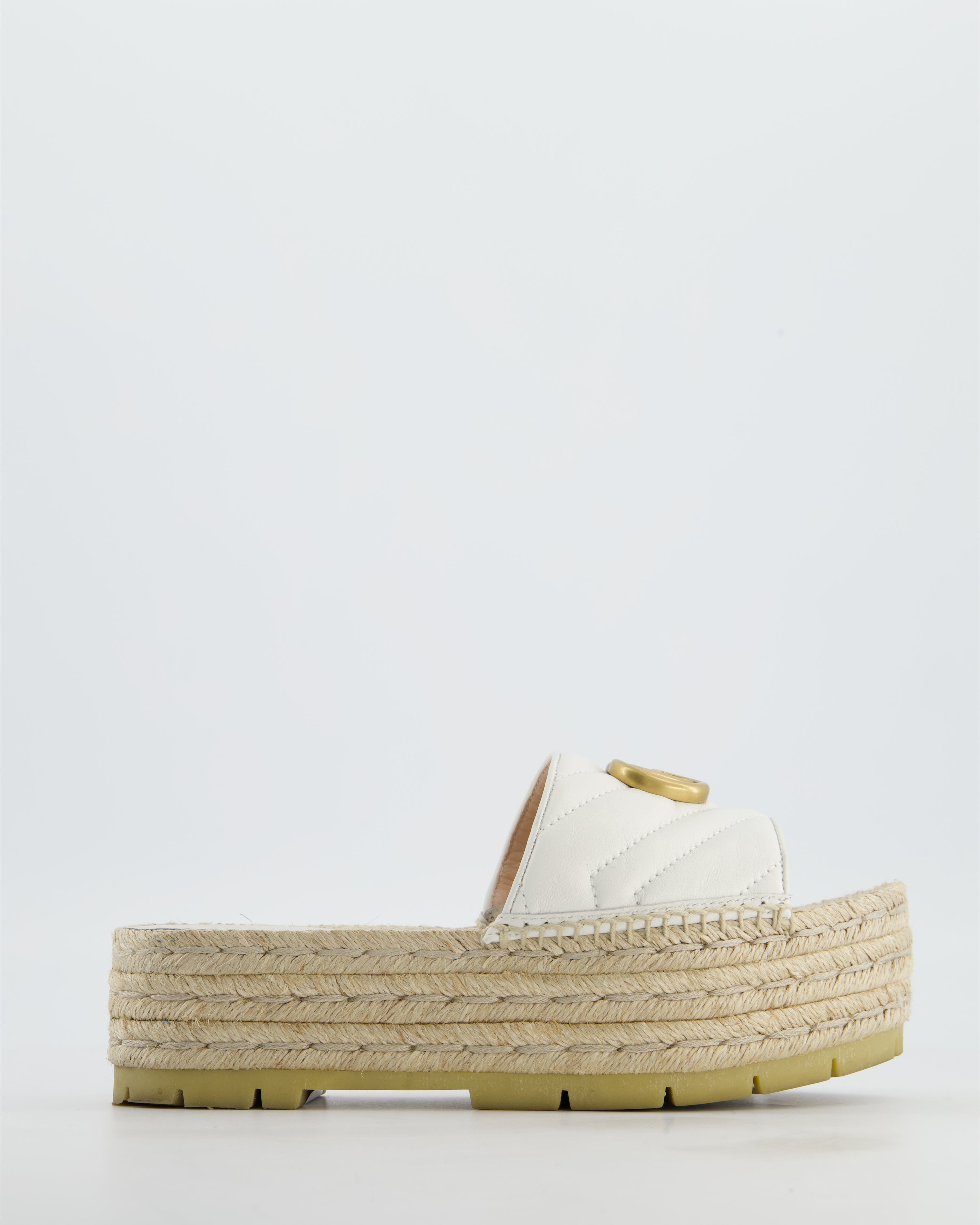 GUCCI ホワイトレザー GGロゴ サンダル 38 Gucci White Leather & Raffia Platform Marmont Sandals with GG Logo