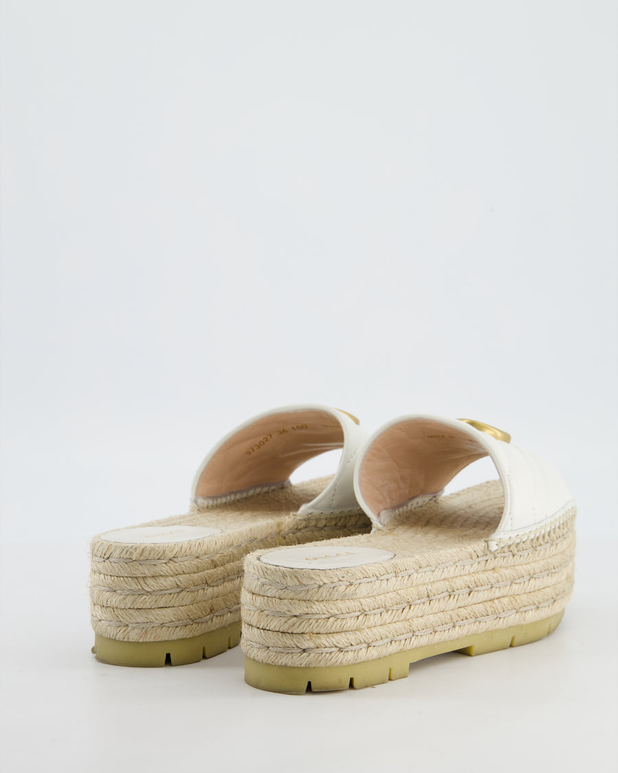 Gucci White Leather & Raffia Platform Marmont Sandals with GG Logo Size EU 36