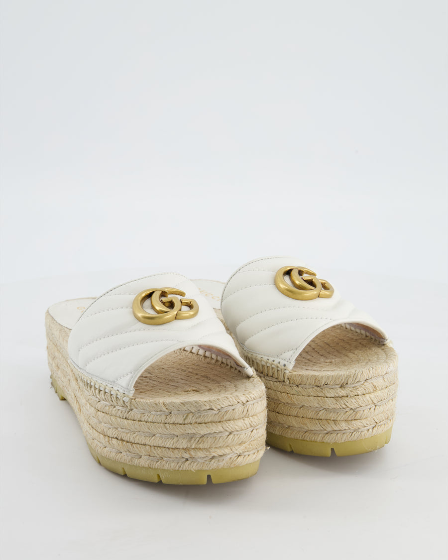 Gucci White Leather & Raffia Platform Marmont Sandals with GG Logo Size EU 36