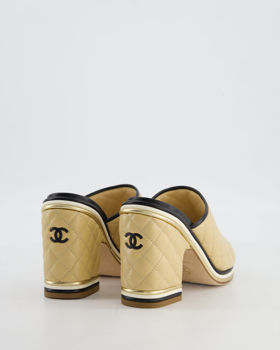Chanel Beige and Black Quilted Leather Heel Mules with CC Black Logo Detail Size EU 37