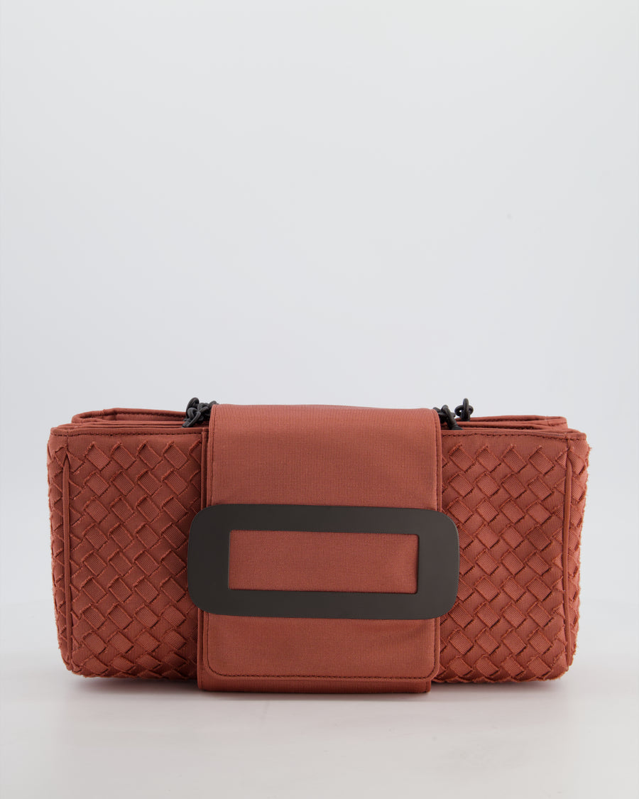 Bottega Veneta Pink Intrecciato Canvas Buckle Flap Bag with Black Hardware