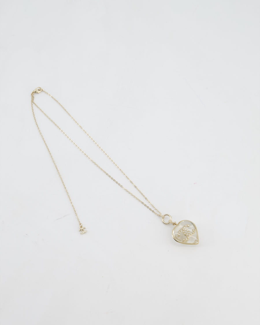 Chanel 16/P Gold CC Coco Heart Resin Pendant Chain Necklace with Pearl Details