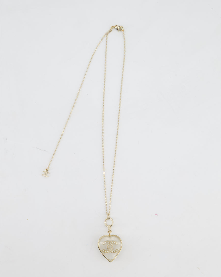 Chanel 16/P Gold CC Coco Heart Resin Pendant Chain Necklace with Pearl Details