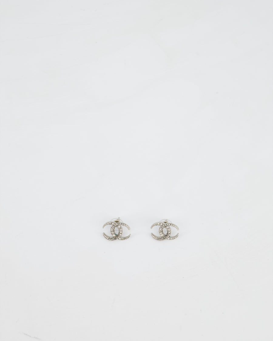Chanel 2015 Silver CC Stud Earrings with Crystal Details