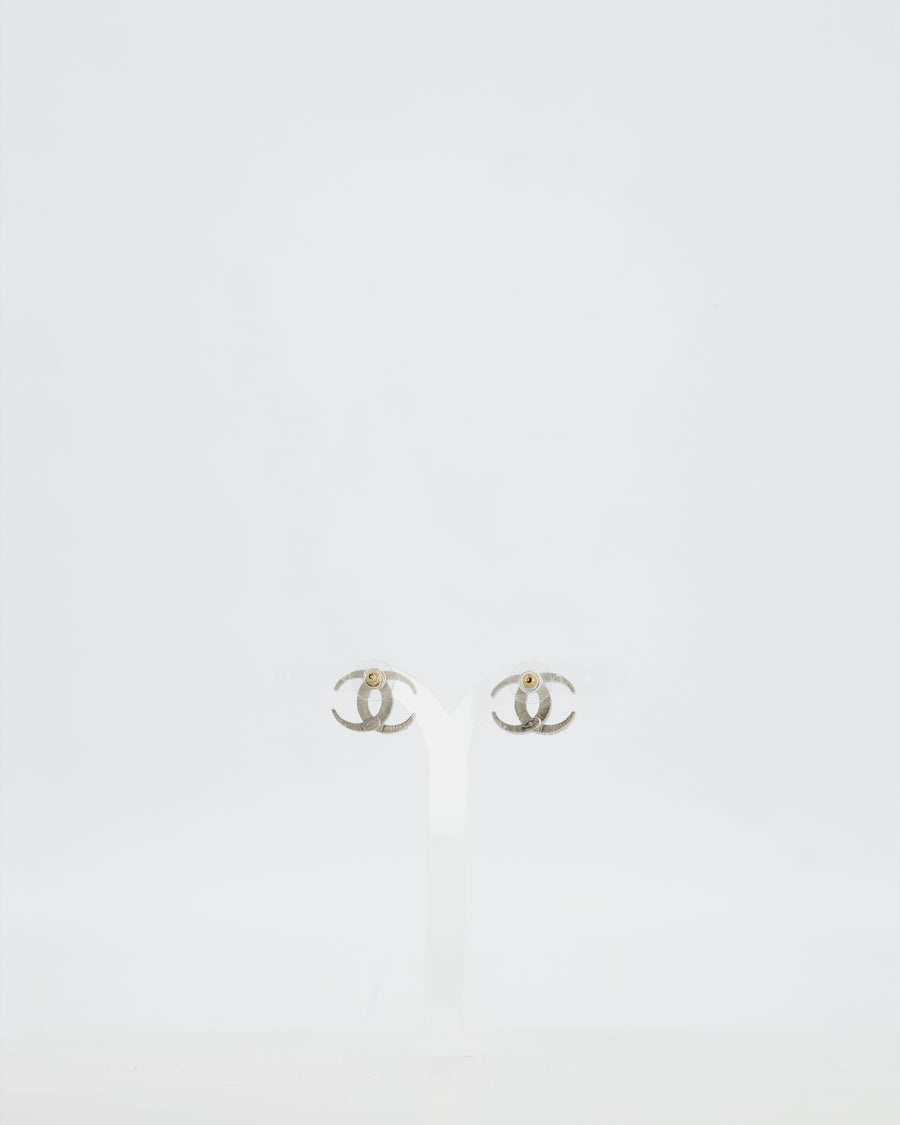 Chanel 2015 Silver CC Stud Earrings with Crystal Details