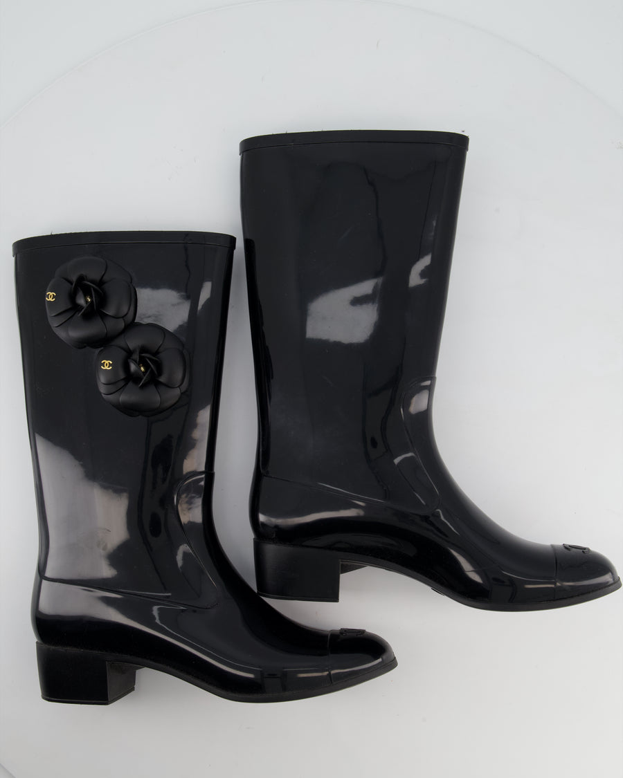 Chanel Black Camellia Wellington Boots Size EU 40