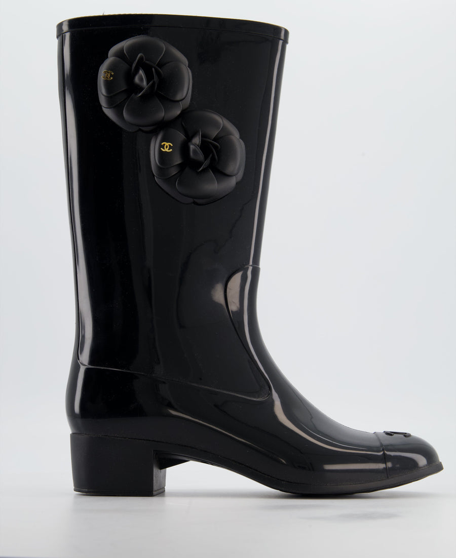 Chanel Black Camellia Wellington Boots Size EU 40