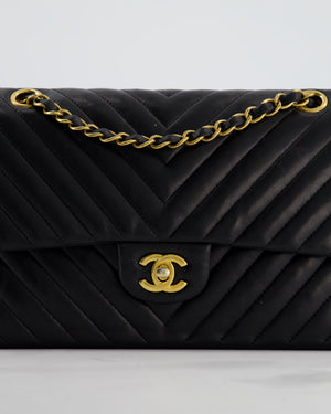 *FIRE PRICE* Chanel Black Chevron Medium Classic Double Flap Bag in Lambskin Leather with Gold Hardware