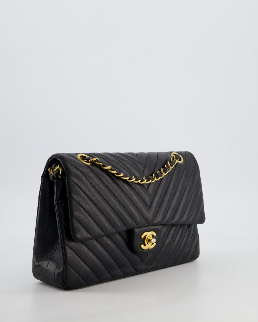 *FIRE PRICE* Chanel Black Chevron Medium Classic Double Flap Bag in Lambskin Leather with Gold Hardware