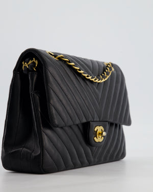 *FIRE PRICE* Chanel Black Chevron Medium Classic Double Flap Bag in Lambskin Leather with Gold Hardware