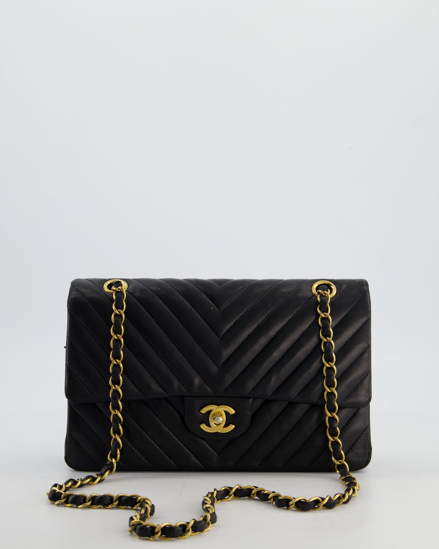 *FIRE PRICE* Chanel Black Chevron Medium Classic Double Flap Bag in Lambskin Leather with Gold Hardware