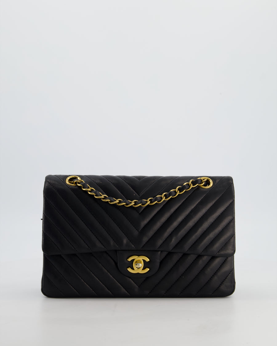 *FIRE PRICE* Chanel Black Chevron Medium Classic Double Flap Bag in Lambskin Leather with Gold Hardware