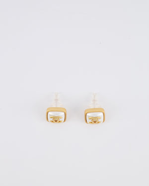 Chanel 25A Brushed Gold and White CC Logo Small Square Earrings