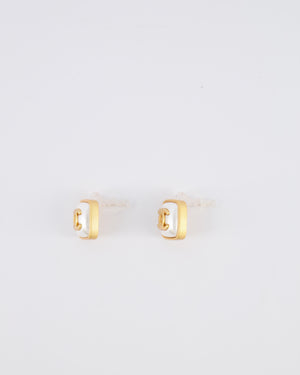 Chanel 25A Brushed Gold and White CC Logo Small Square Earrings