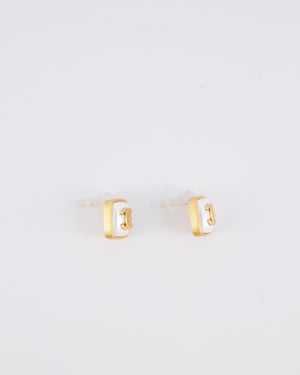 Chanel 25A Brushed Gold and White CC Logo Small Square Earrings