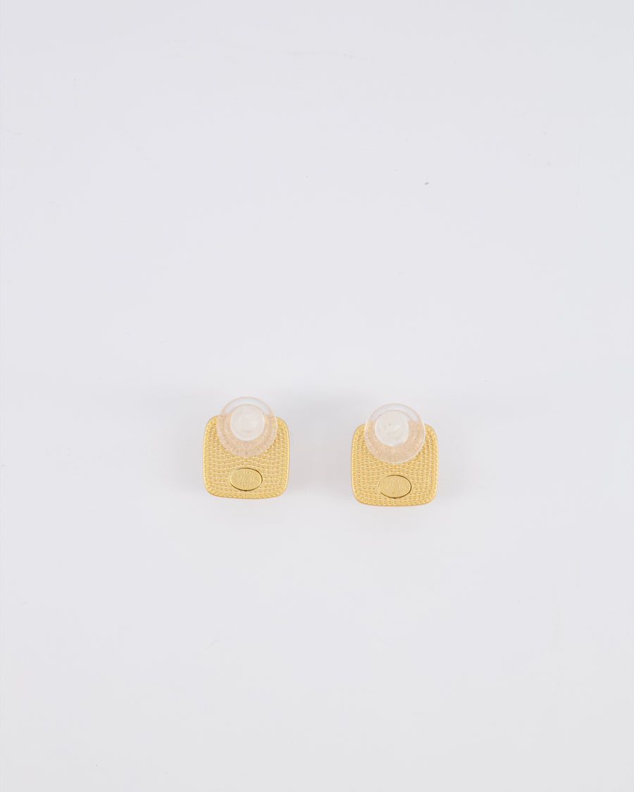 Chanel 25A Brushed Gold and White CC Logo Small Square Earrings