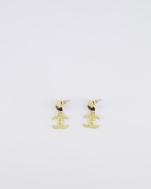 Chanel 22A Brushed Gold CC Logo Pendant Earrings with Black Enamel Detailing