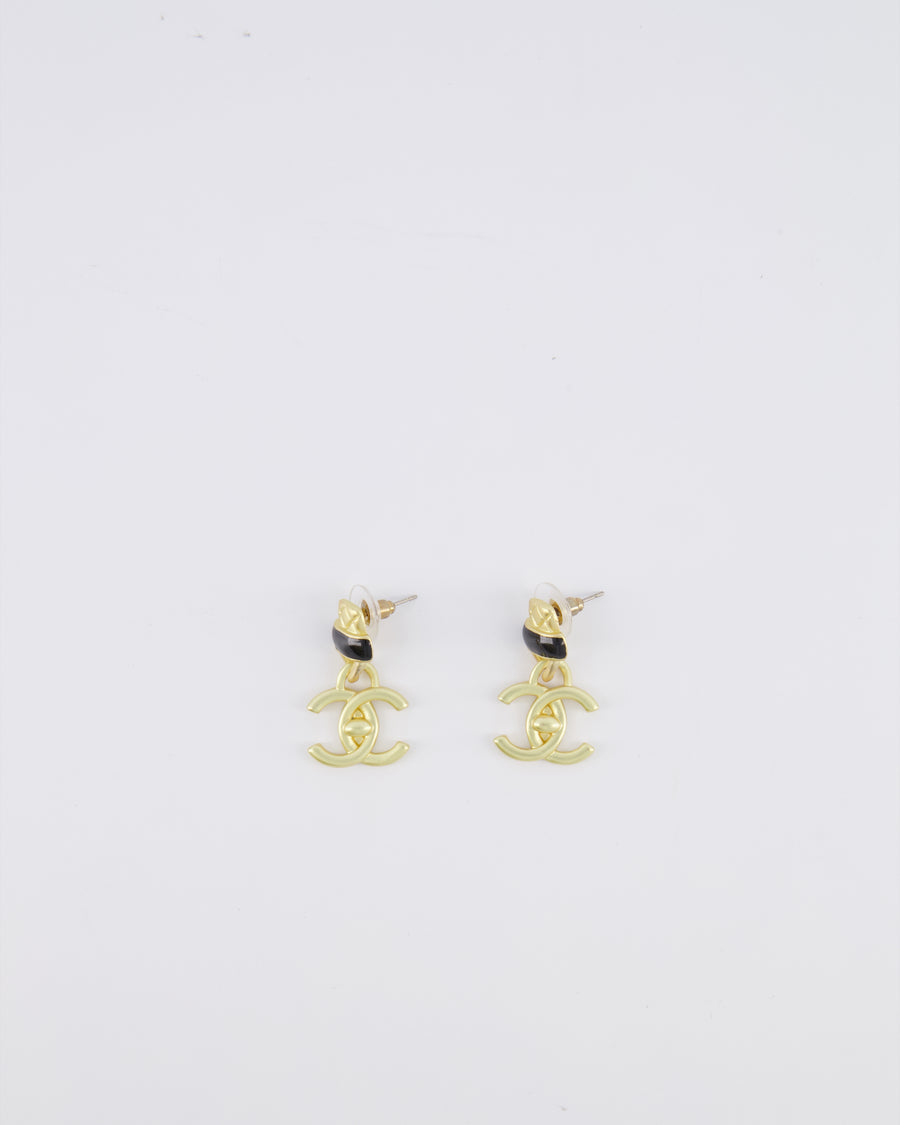 Chanel 22A Brushed Gold CC Logo Pendant Earrings with Black Enamel Detailing