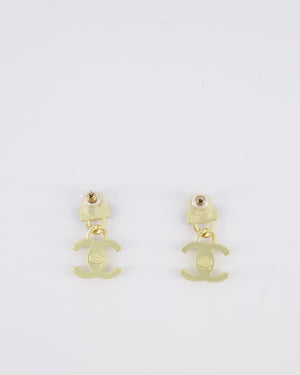 Chanel 22A Brushed Gold CC Logo Pendant Earrings with Black Enamel Detailing