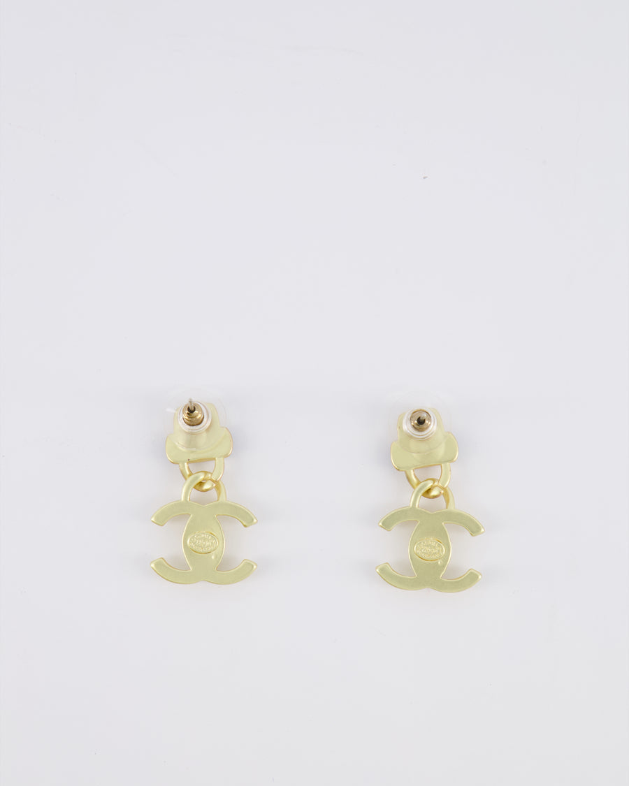 Chanel 22A Brushed Gold CC Logo Pendant Earrings with Black Enamel Detailing