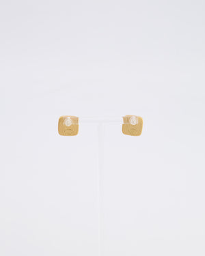 Chanel 25A Brushed Gold and White CC Logo Small Square Earrings