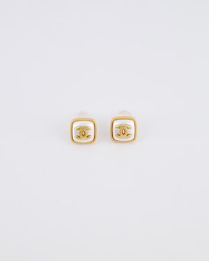 Chanel 25A Brushed Gold and White CC Logo Small Square Earrings
