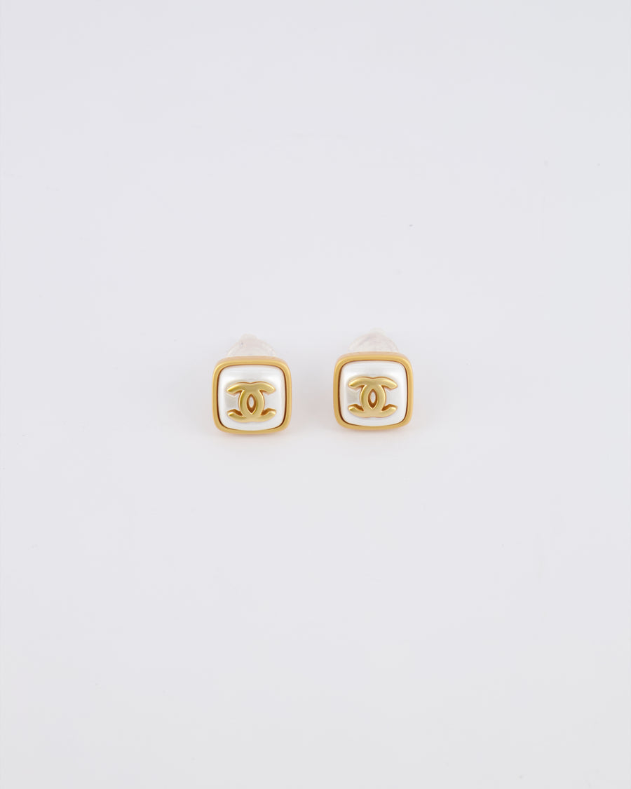 Chanel 25A Brushed Gold and White CC Logo Small Square Earrings