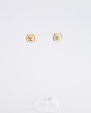 Chanel 25A Brushed Gold and White CC Logo Small Square Earrings