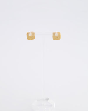 Chanel 25A Brushed Gold and White CC Logo Small Square Earrings