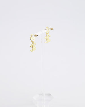 Chanel 22A Brushed Gold CC Logo Pendant Earrings with Black Enamel Detailing