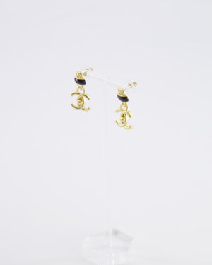 Chanel 22A Brushed Gold CC Logo Pendant Earrings with Black Enamel Detailing