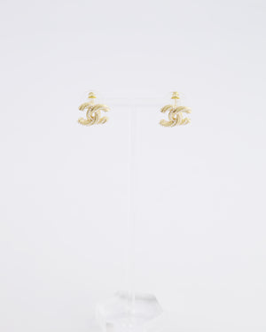 Chanel 24A Champagne Gold Textured CC Logo Small Earrings with Pearls