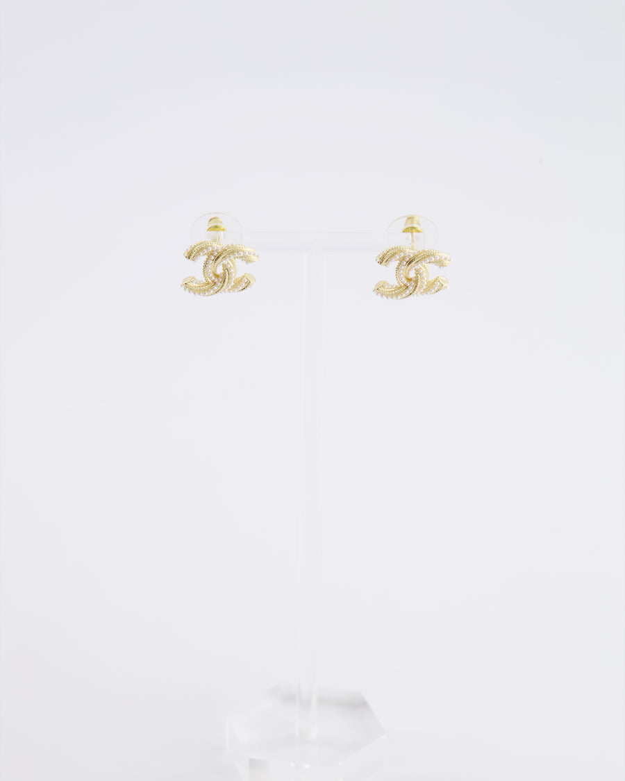 Chanel 24A Champagne Gold Textured CC Logo Small Earrings with Pearls