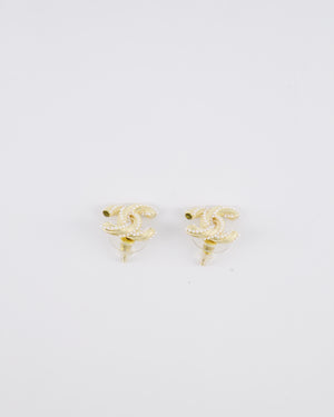 Chanel 24A Champagne Gold Textured CC Logo Small Earrings with Pearls