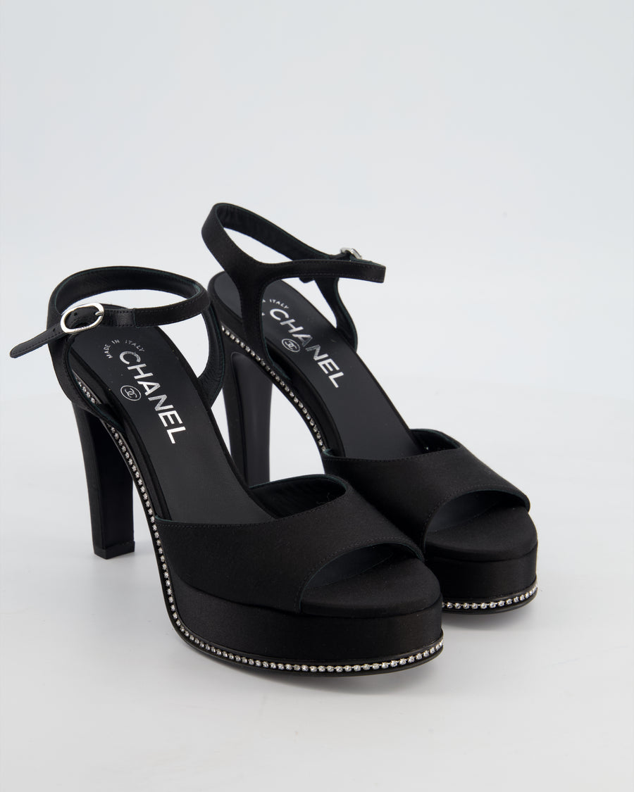 Chanel 23S Black Platform Open Toe Heels in Satin with Crystals & Stitched CC Logo Details Size EU 37 RRP £1,470