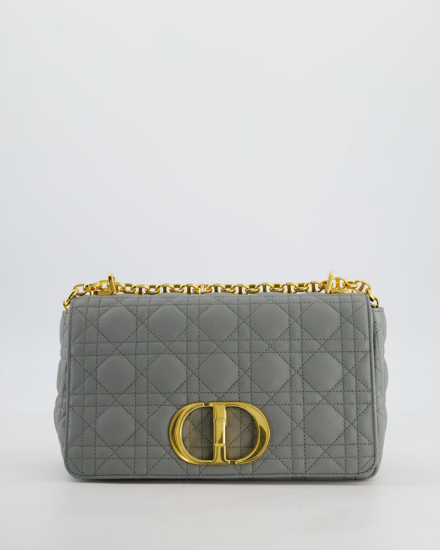 *FIRE PRICE* Christian Dior Grey Large Caro Supple Cannage Calfskin Leather Flap Bag With Gold Hardware