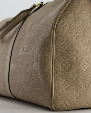 Louis Vuitton Keepall 45 Bandoulière Travel Bag in Beige Tourterelle Monogram Empreinte Giant Leather with Gold Hardware RRP £2,740